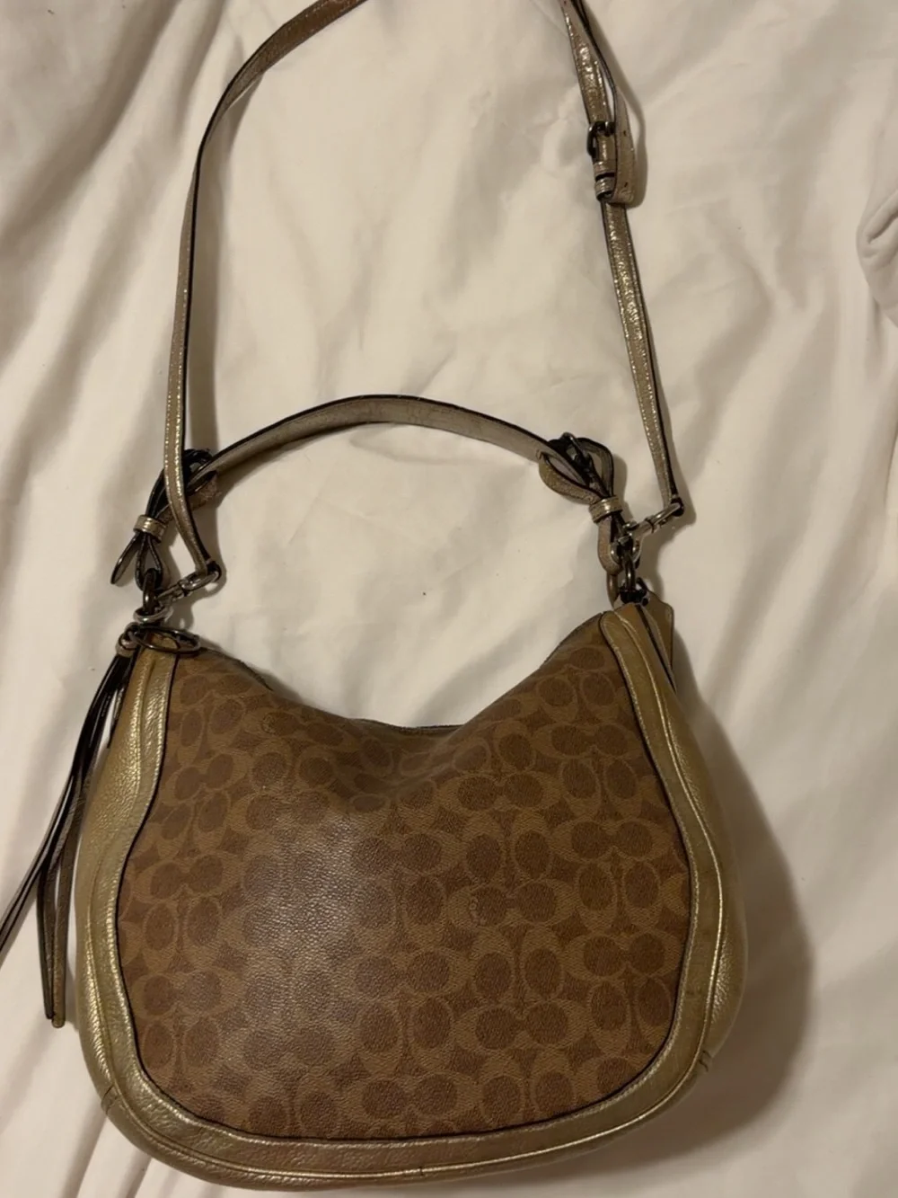 Coach Brown Signature Canvas Hobo Bag with Gold Trim